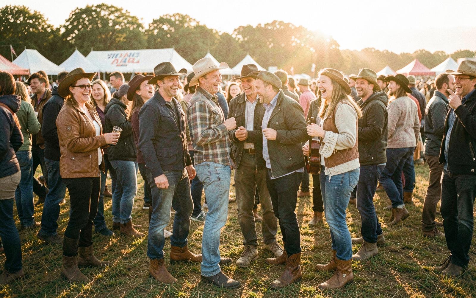 Country music fans laughing together at a UK festival
