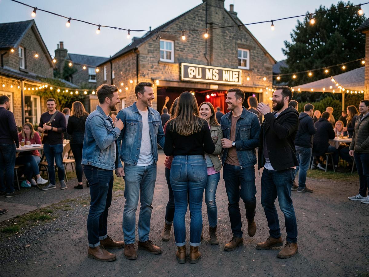 A small group of friends arriving together at a country gig